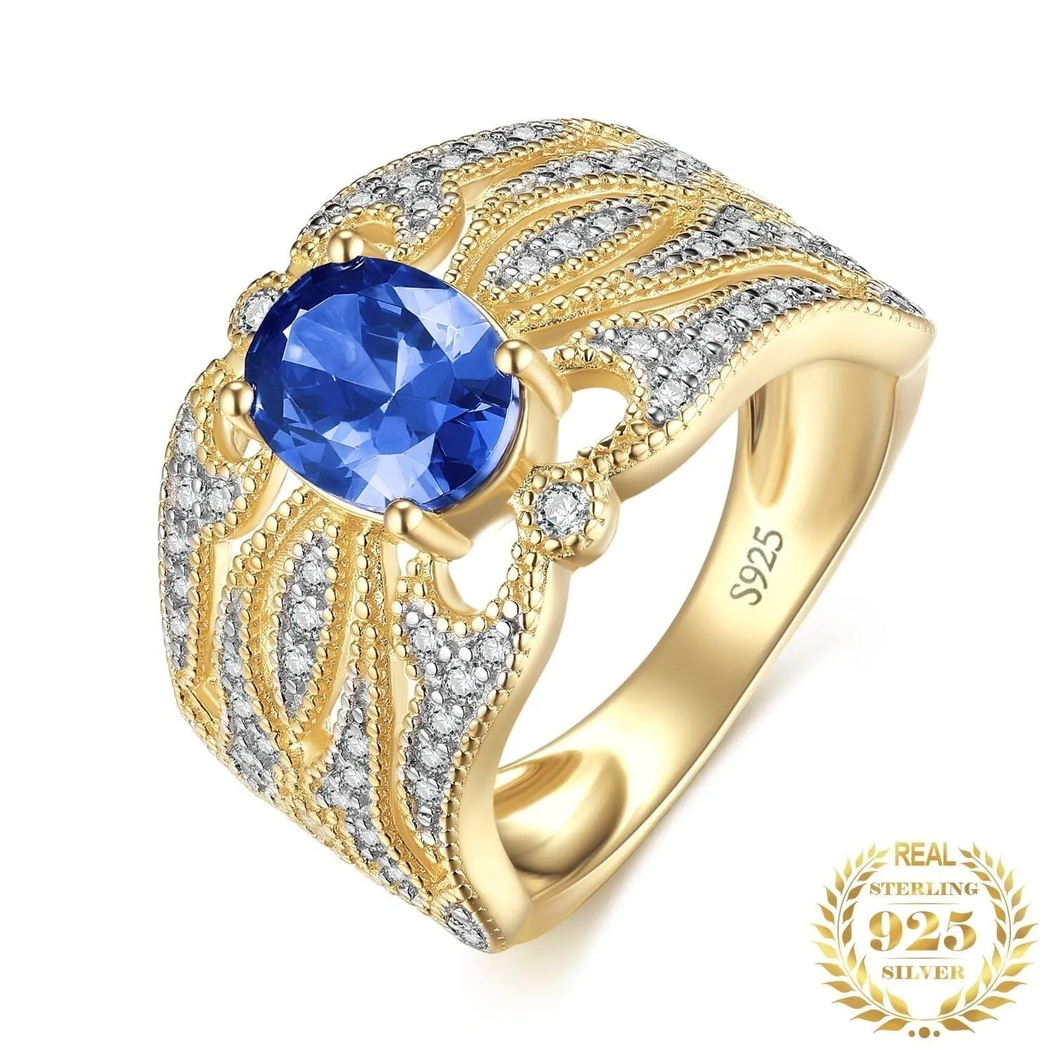 Luxury Engagement Sapphire Gold Ring - 925 Sterling Silver