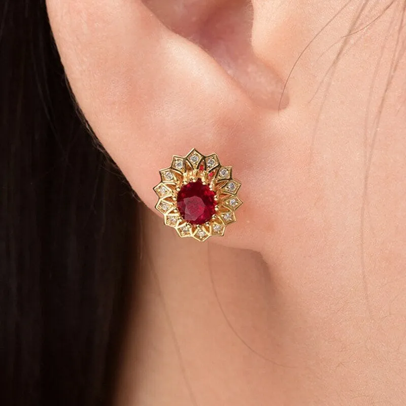 Luxury Ruby Gemstone Flower Stud Earrings - 925 Sterling Silver