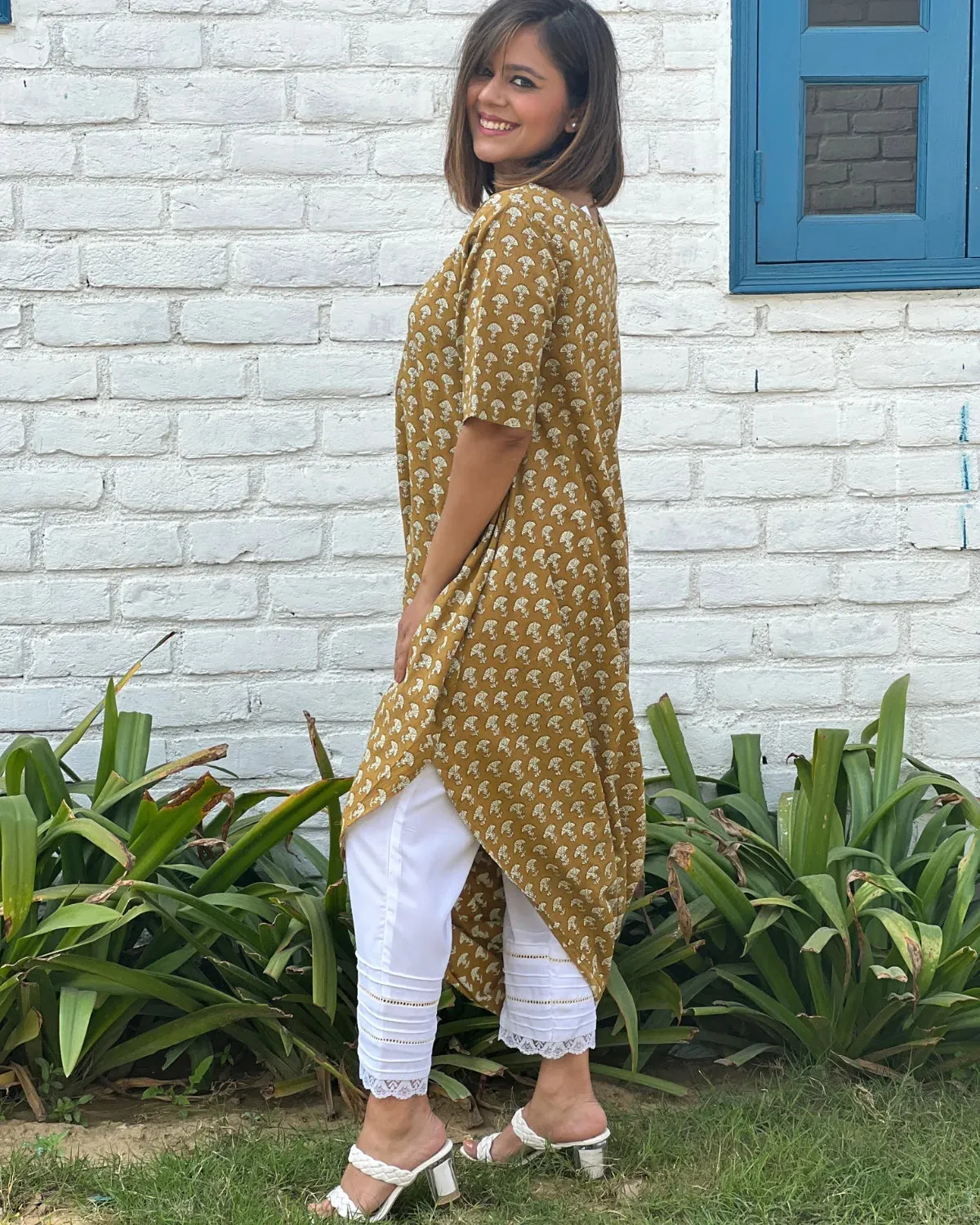 Ochre Cotton Printed Cowl Kurta