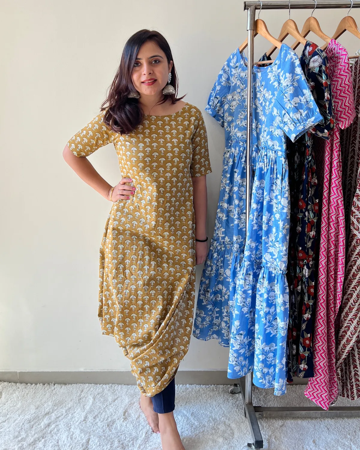 Ochre Cotton Printed Cowl Kurta