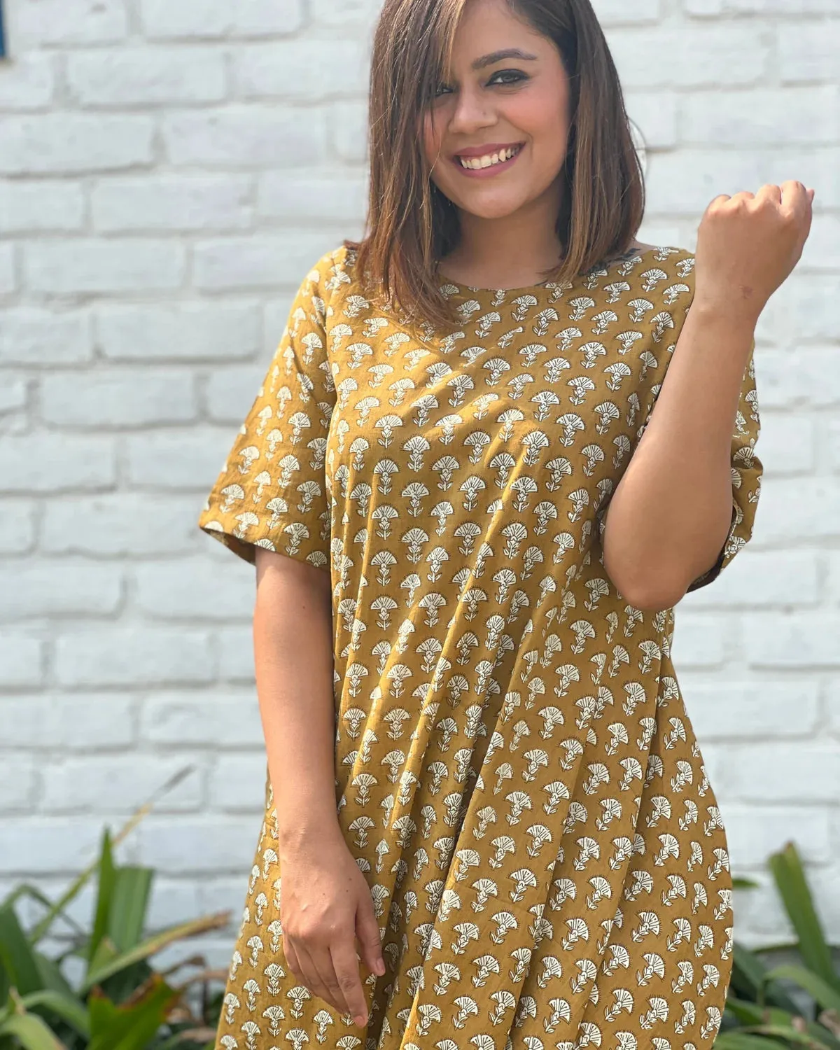 Ochre Cotton Printed Cowl Kurta