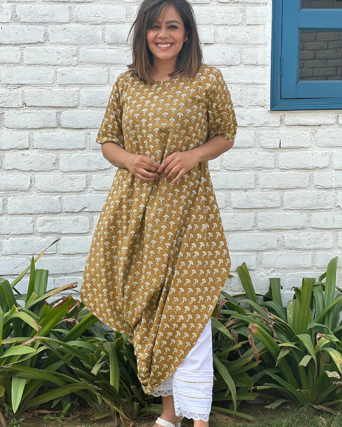 Ochre Cotton Printed Cowl Kurta