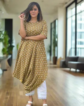 Ochre Cotton Printed Cowl Kurta