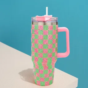 Pink & Green Bling Studded Checkered Patterned 40oz Stainless Steel Tumbler