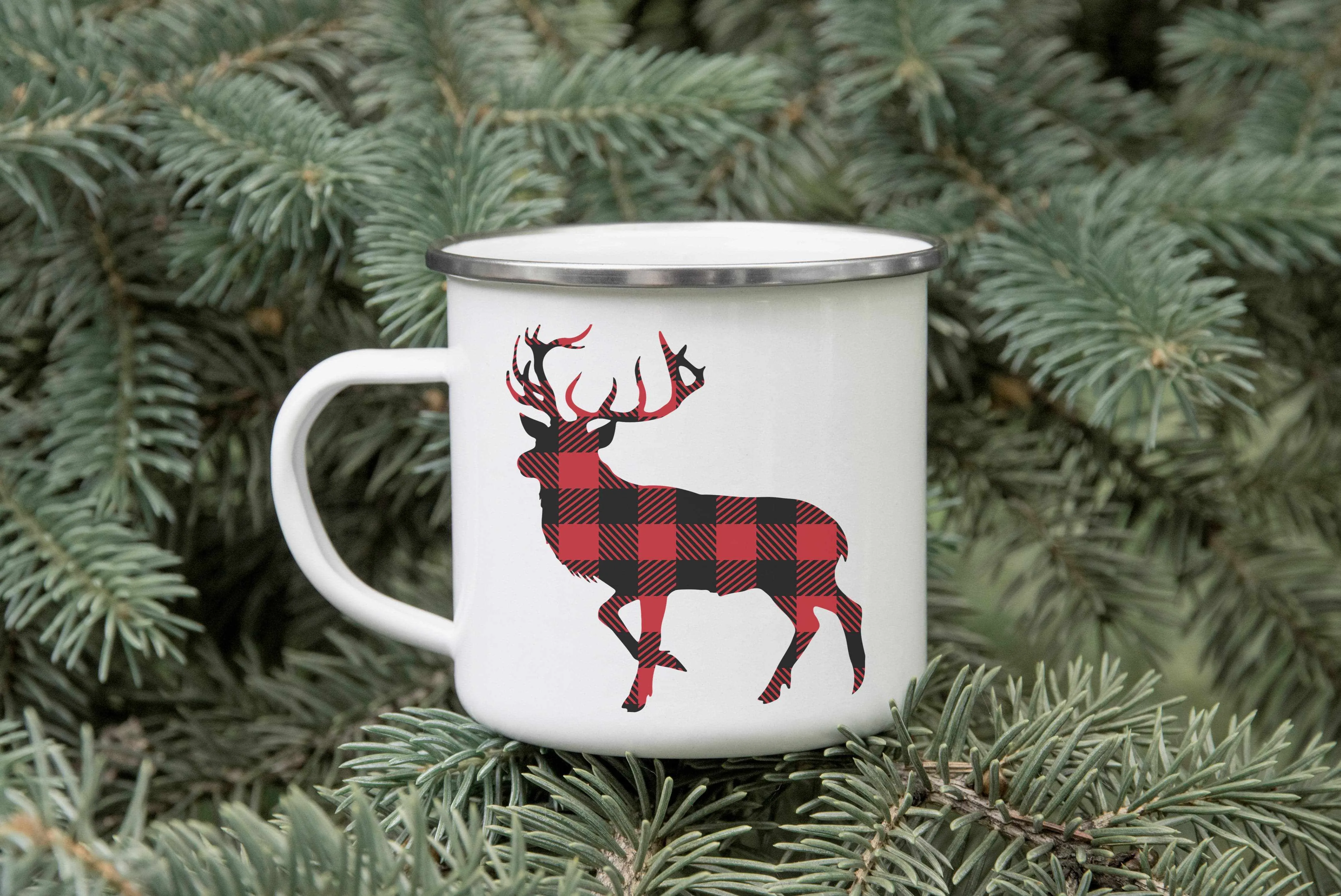 Plaid Stag Christmas Enamel Mug