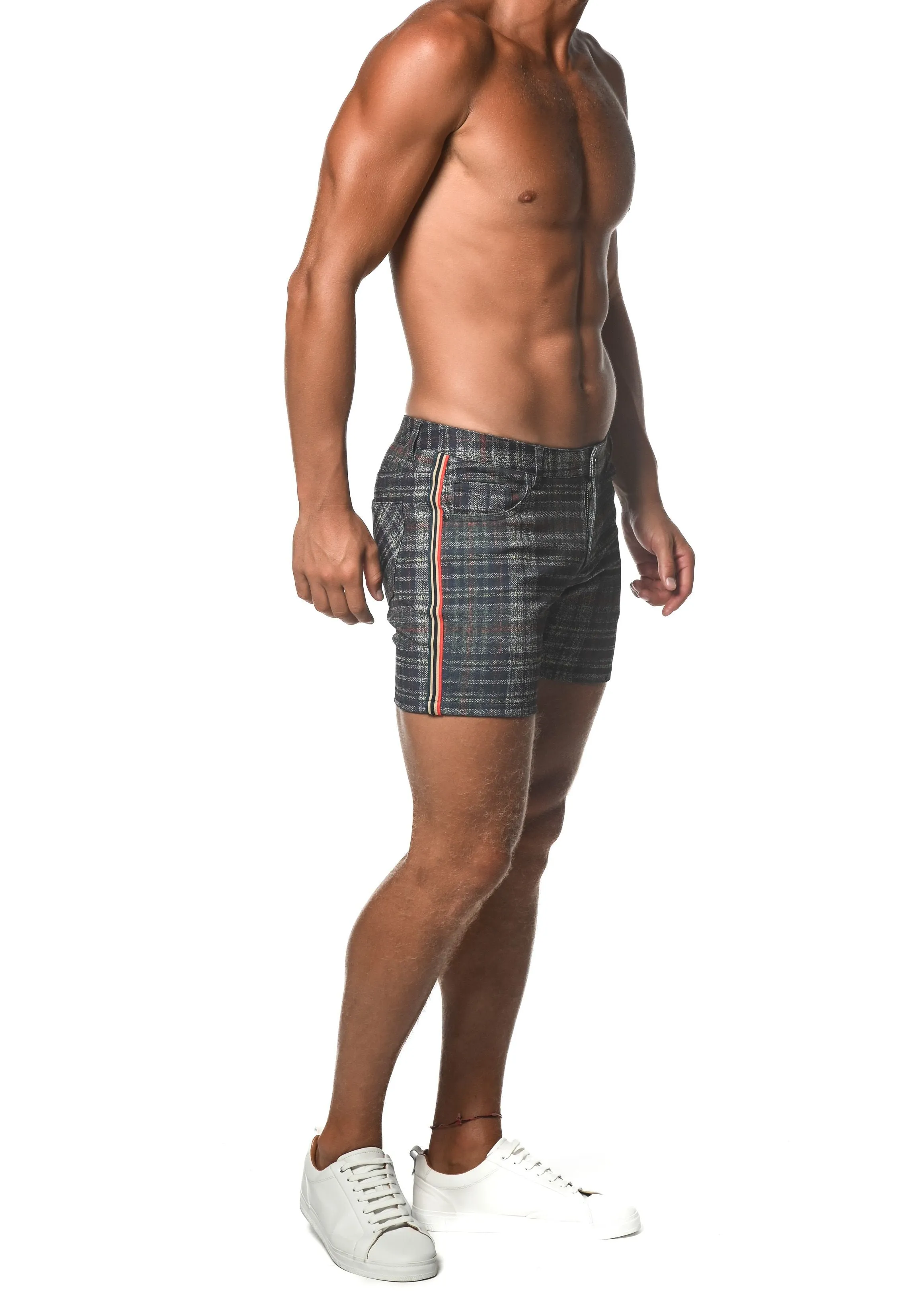 PLAID STRETCH KNIT SHORT W/ SIDE TAPE