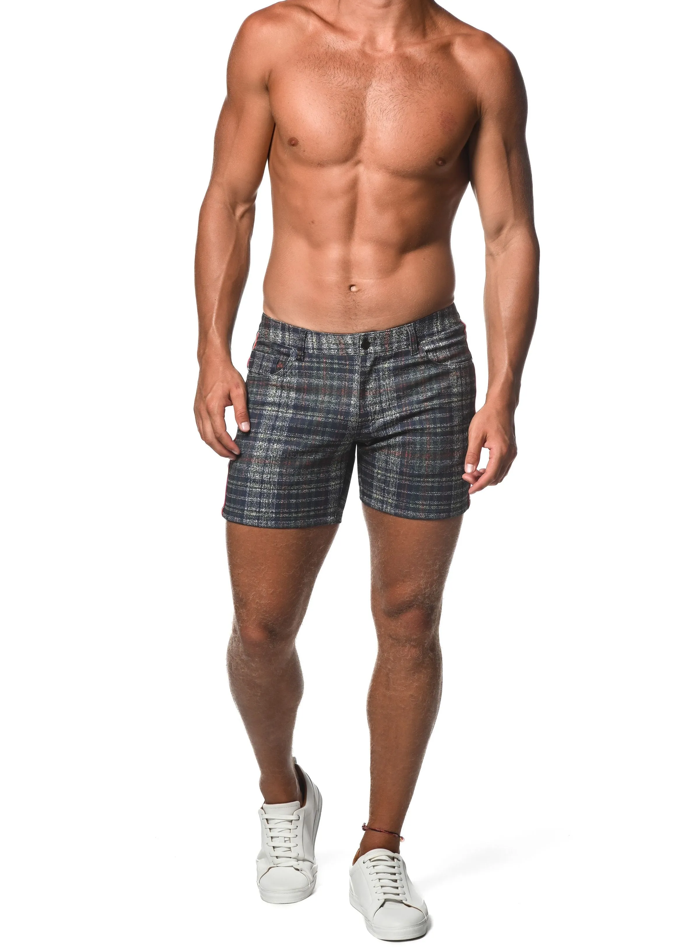 PLAID STRETCH KNIT SHORT W/ SIDE TAPE