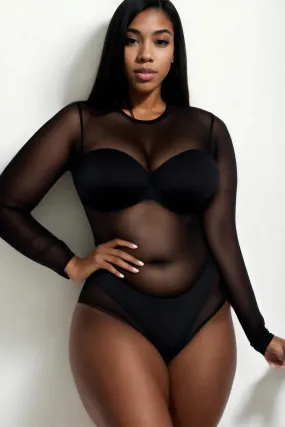 Plus Size Sheer Mesh Long Sleeve Bodysuit - Black