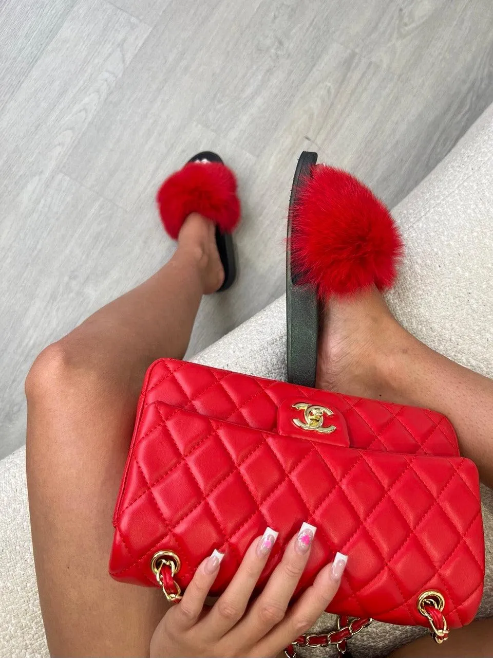 Red Luxury Fur Sliders