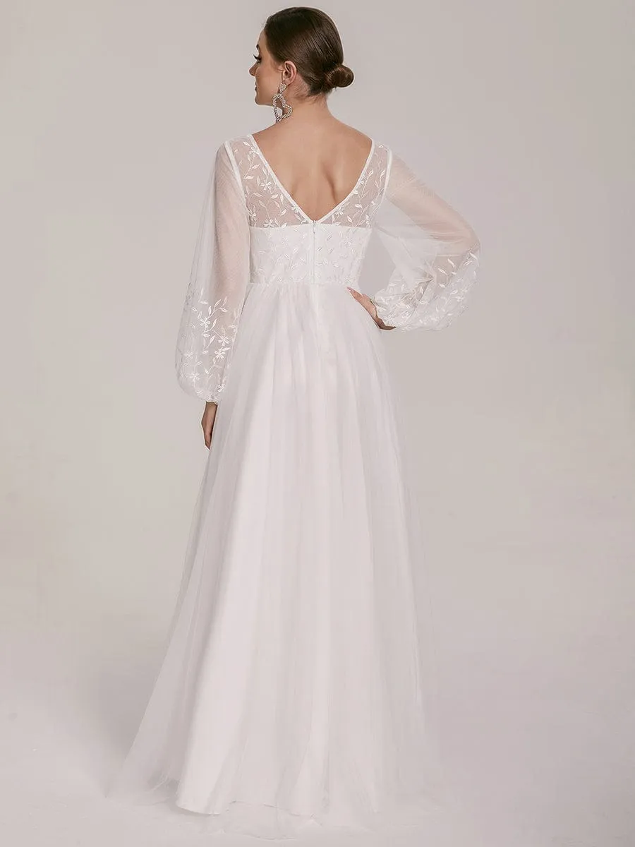 Sheer Floral Puffed Sleeve Sweetheart A-Line Wedding Dress