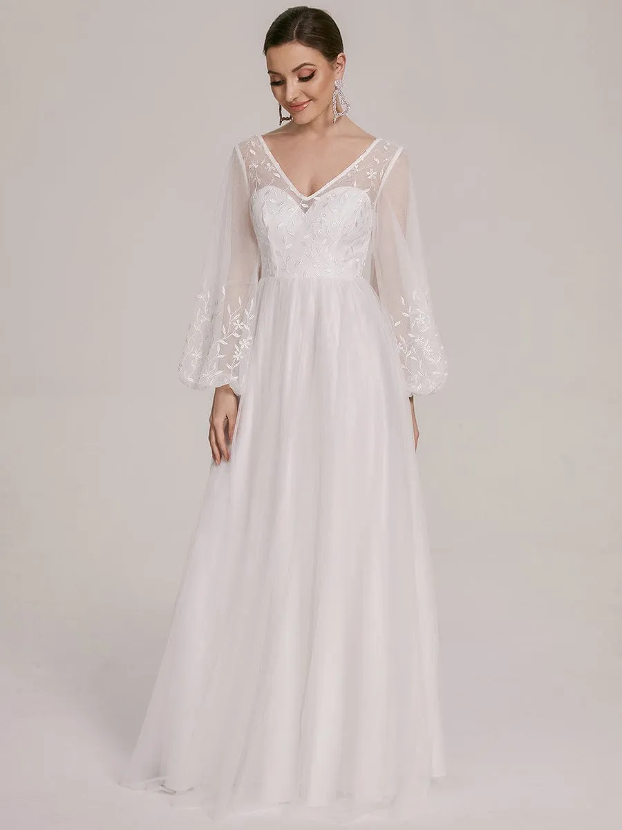 Sheer Floral Puffed Sleeve Sweetheart A-Line Wedding Dress