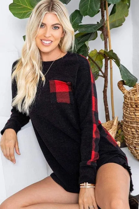 Solid and Plaid Color Block Top