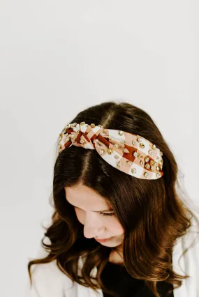 Tan Plaid Crystal Knotted Headband