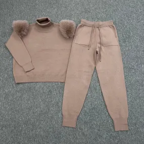 Taupe Luxury Fur Roll Neck Jogger Tracksuit