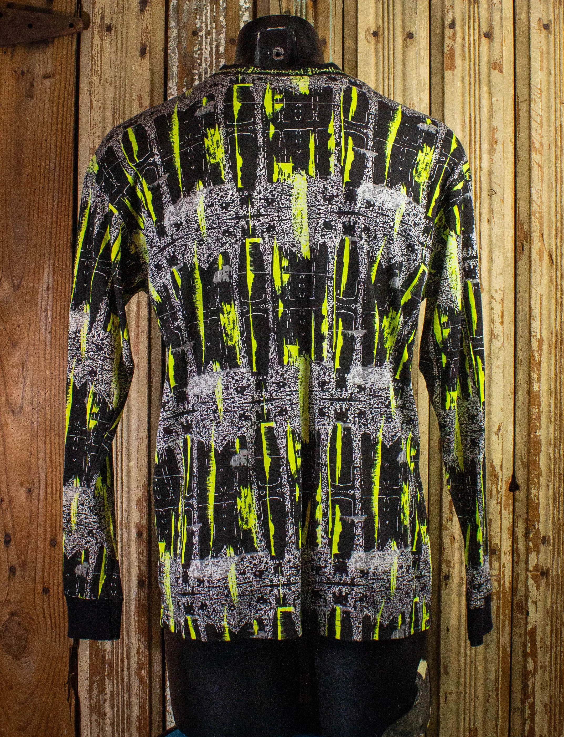 Vintage New Planet Patterned Long Sleeve Skater Shirt 80s/90s Yellow and Black Medium