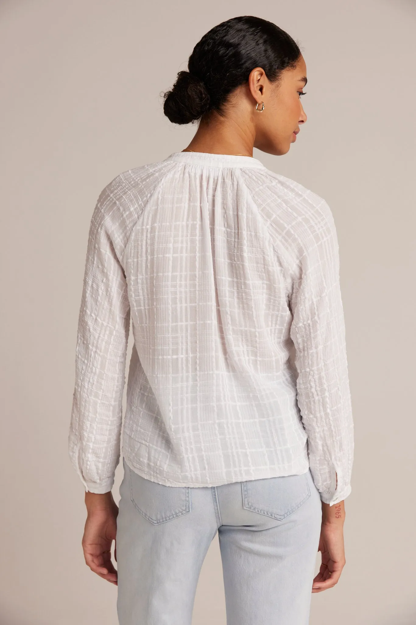 Woven Plaid Raglan Blouse - White